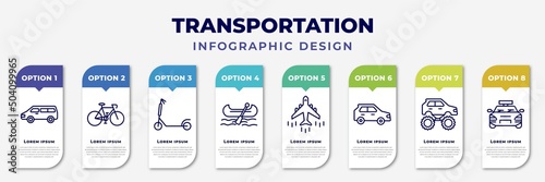 infographic template with icons and 8 options or steps. infographic for transportation concept. included minivan, vintage bicycle, micro scooter, gondola, airliner, hatchback, monster truck, sports