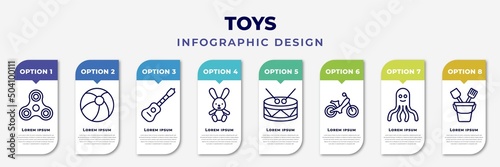 infographic template with icons and 8 options or steps. infographic for toys concept. included spinner toy, beach ball toy, guitar toy, bunny drum ride on octopus sand bucket editable vector.