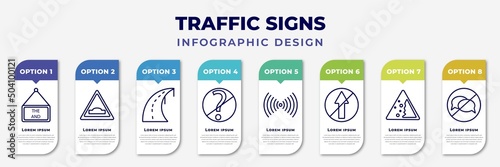 infographic template with icons and 8 options or steps. infographic for traffic signs concept. included end of way, hump, highway, no doubt, , no straight, falling rocks, no chatting editable