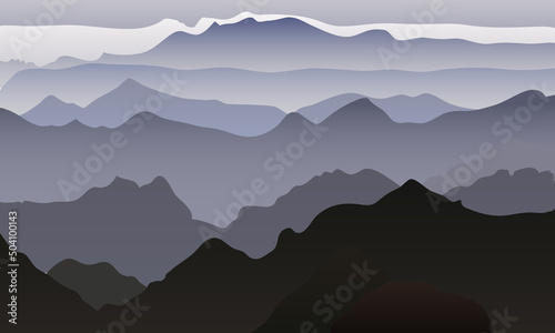 Grey clouds  misty mountains. Background. Landscape in the fog. Vector