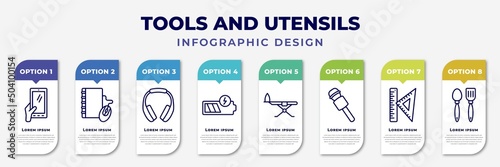infographic template with icons and 8 options or steps. infographic for tools and utensils concept. included hand phones, book with mouse, headphone variant, battery charging, iron board, microphone