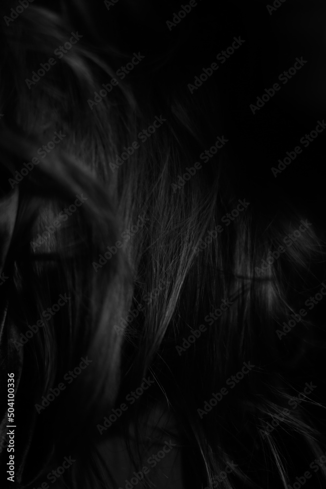 Naklejka premium Portrait of woman with hair covering her face, texture of female hair