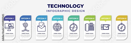 infographic template with icons and 8 options or steps. infographic for technology concept. included digitate, pitching hine, received, satellite in orbit, basic compass, telephone with fax, drawing