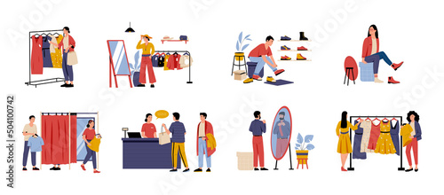 Shopping and buying concept. Cartoon women in clothing and shoe store choose clothes, try on, pay at checkout. Vector set