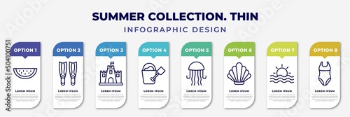infographic template with icons and 8 options or steps. infographic for summer collection. thin concept. included slice of melon, diving fins, sand castle, sand bucket and shovel, jellyfish,