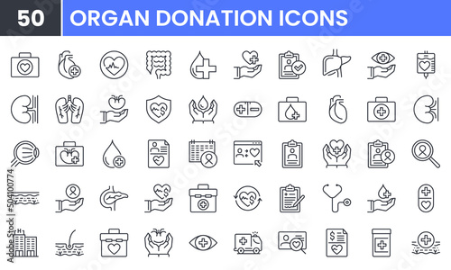 Internal Organ Transplantation vector line icon set. Contains linear outline icons like Healthcare Donation, Cornea, Kidney, Heart, Pancreas, Lung, Colon, Medicine, Eye, Skin. Editable use and stroke.