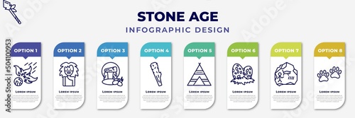 infographic template with icons and 8 options or steps. infographic for stone age concept. included meteor, troglodyte, stonehenge, club, tipi, diaur egg, rock art, paw print editable vector.