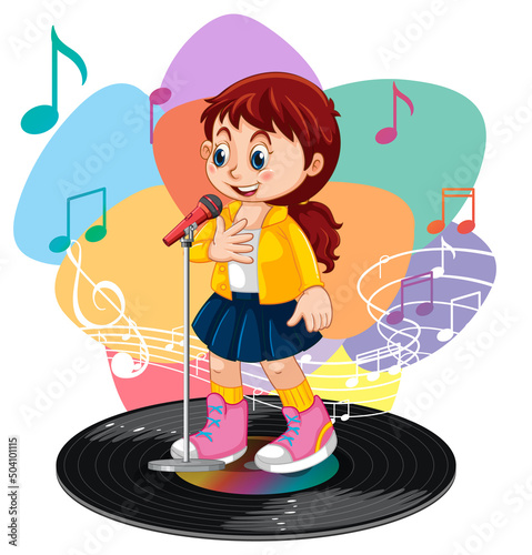 Singer girl cartoon character with melody symbols