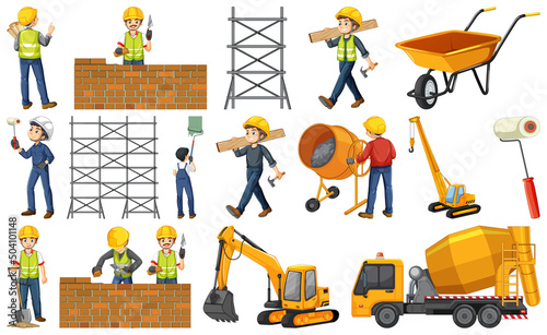 Set of construction site objects and workers