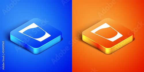 Isometric Shot glass icon isolated on blue and orange background. Square button. Vector