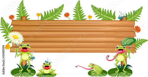 Blank wooden signboard with frog in cartoon style
