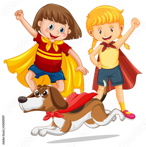 Two hero kids and hero beagle dog cartoon