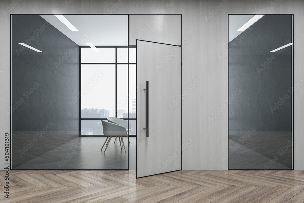 Luxury wooden and concrete office hallway interior with windows, city view, furniture, glass partition and daylight. 3D Rendering.