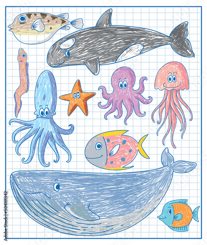 Kids hand drawn doodle sea animals