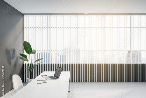 Clean office interior with mock up place  workplace desk  laptop  chair  decorative plant  blinds and daylight. 3D Rendering.