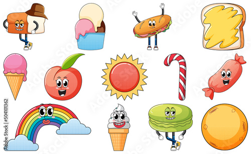 Set of facial expression with vintage style food cartoon on white background