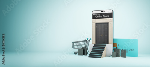 Creative smartphone store on wide blue background with mock up place. Online shopping and purchase concept. 3D Rendering. photo