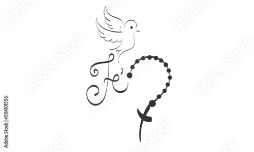 Christian Rosary beads. Prayer Catholic chaplet with the Holy Cross. Use as poster, card, flyer, T Shirt design or Tattoo