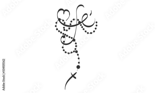 Christian Rosary beads. Prayer Catholic chaplet with the Holy Cross. Use as poster, card, flyer, T Shirt design or Tattoo