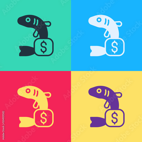 Pop art Price tag for fish icon isolated on color background. Vector