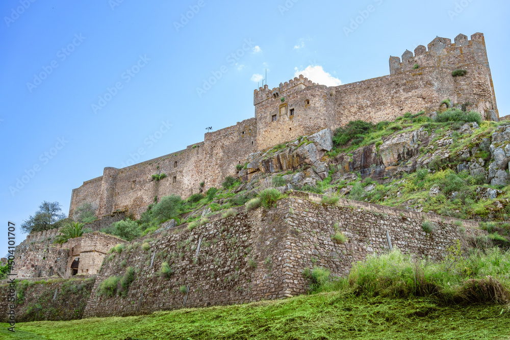 Low angle view of medieval fortress known as Castillo de la Luna or Moon Castle in Alburquerque, Spain