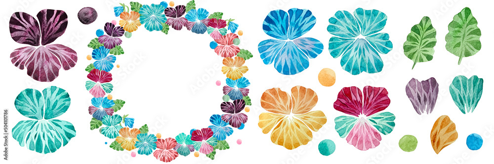 Watercolor collection of  Pansies  and leaves. Stylish floral elements.