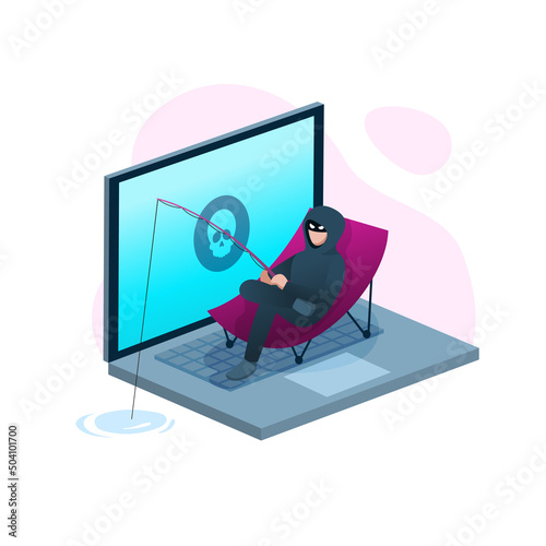 Hacker fishing and sit on sling chair, cyber crime and phishing scam concept, vector illustration