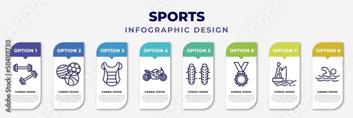 infographic template with icons and 8 options or steps. infographic for sports concept. included weighted bars, balls, chest guard, motor sports, shin guards, golden medal, fisher fishing, swimming