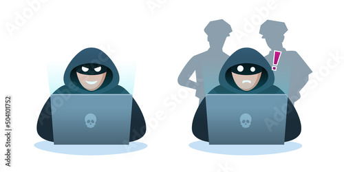 Hacker use laptop with police behind him, vector illustration