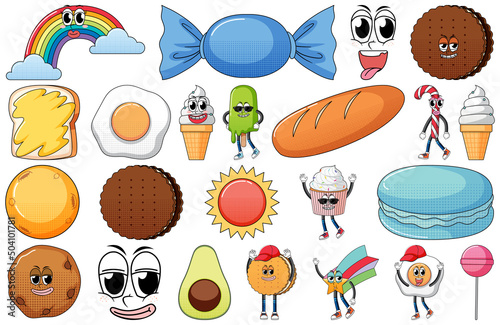 Set of facial expression with vintage style food cartoon on white background