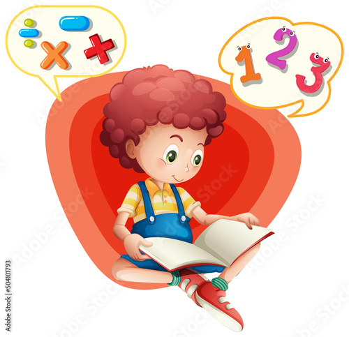 Speech bubbles with boy reading book