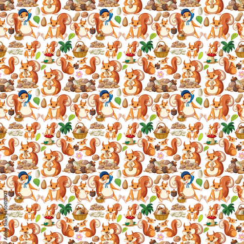 Seamless background with squirrels and nuts