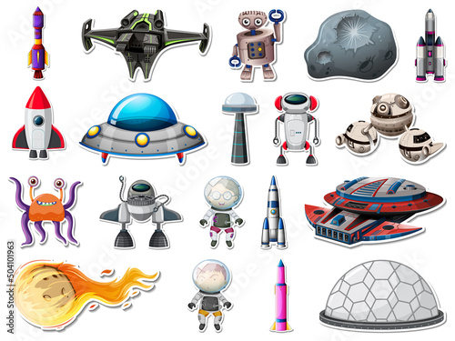 Sticker set of outer space objects and astronauts