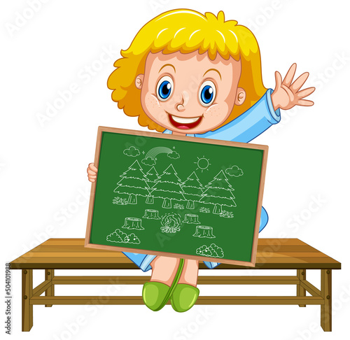 A girl holding board with a doodle sketch design on white background