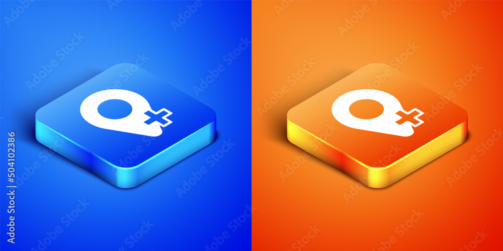 Isometric Map pin icon isolated on blue and orange background. Navigation, pointer, location, map, gps, direction, place, compass, search concept. Square button. Vector Isometric Map pin icon isolated on blue and orange background. Navigation, pointer, location, map, gps, direction, place, compass, search concept. Square button. Vector