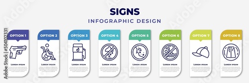 infographic template with icons and 8 options or steps. infographic for signs concept. included guns, disability, gas station, no shower, falling rocks, no swimming, cap, road collapse editable