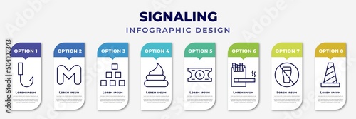 infographic template with icons and 8 options or steps. infographic for signaling concept. included no hooks, letter m, abecedary, poop, price ticket, cigarettes, allowed drinking, traffic cones