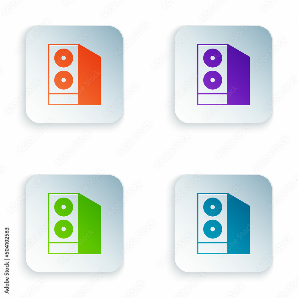 Color Case of computer icon isolated on white background. Computer server. Workstation. Set colorful icons in square buttons. Vector Color Case of computer icon isolated on white background. Computer server. Workstation. Set colorful icons in square buttons. Vector