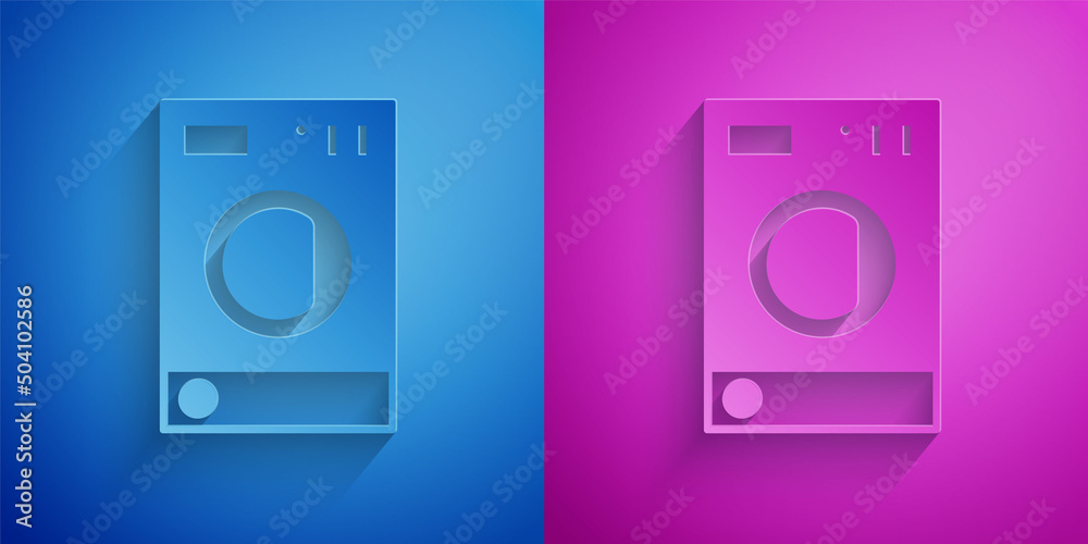 Paper cut Washer icon isolated on blue and purple background. Washing machine icon. Clothes washer - laundry machine. Home appliance symbol. Paper art style. Vector Paper cut Washer icon isolated on blue and purple background. Washing machine icon. Clothes washer - laundry machine. Home appliance symbol. Paper art style. Vector