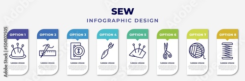 infographic template with icons and 8 options or steps. infographic for sew concept. included pincushion, running stitch, buttonhole, seam ripper, pin cushion, cutting tool, yarn, coil editable