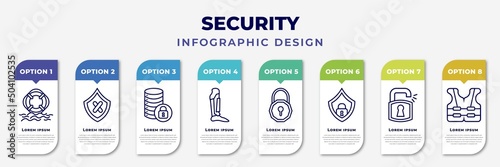 infographic template with icons and 8 options or steps. infographic for security concept. included life saver, unsecure, secure database, leg protector, padlock unlocked, protector, unlock padlock,