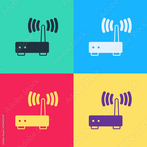 Pop art Router and wi-fi signal icon isolated on color background. Wireless ethernet modem router. Computer technology internet. Vector