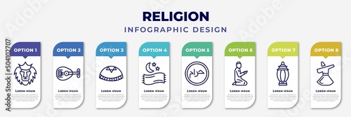 infographic template with icons and 8 options or steps. infographic for religion concept. included lion of judah, oud, yarmulke, isha, haram, muslim man praying, arabian lantern, sufi mystic