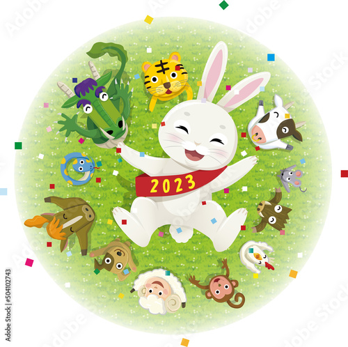 Illustration of a rabbit in 2023, with the zodiac raising its body