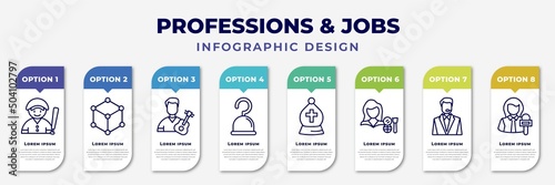 infographic template with icons and 8 options or steps. infographic for professions & jobs concept. included baseball player, model, guitar player, pirate, bishop, makeup artist, bouncer, reporter