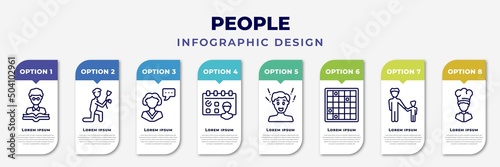 infographic template with icons and 8 options or steps. infographic for people concept. included teacher reading, give flower, monologue, meeting date, surprised man, family board games, father and