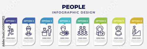 infographic template with icons and 8 options or steps. infographic for people concept. included backpacker running, constructor, boss and worker, layer working, relation, psychologist, pierrot, man
