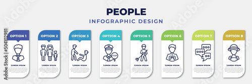 infographic template with icons and 8 options or steps. infographic for people concept. included business tie, family group, man lifting an old man, traffic police, landkeeper, pulmonary, chat