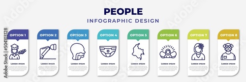 infographic template with icons and 8 options or steps. infographic for people concept. included graduated student, ruku, throat, baby with diaper, colombian, grace, woman with flower, old man