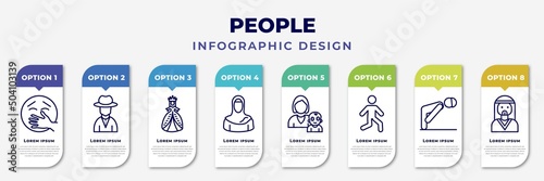 infographic template with icons and 8 options or steps. infographic for people concept. included kidnapping, spanish man, princes, arab woman, babysitter and child, bast, sujud, bedouin editable